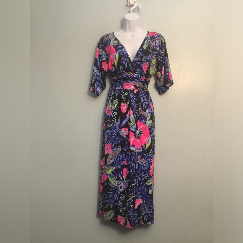 Lilly Pulitzer Navy Maxi Dress with Pink & Green Floral Print